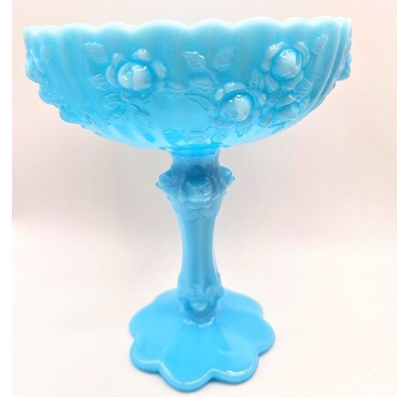 Pastel Blue Slag Glass Compote Candy Dish Cabbage Rose By Fenton Easter Vintage - Picture 1 of 13